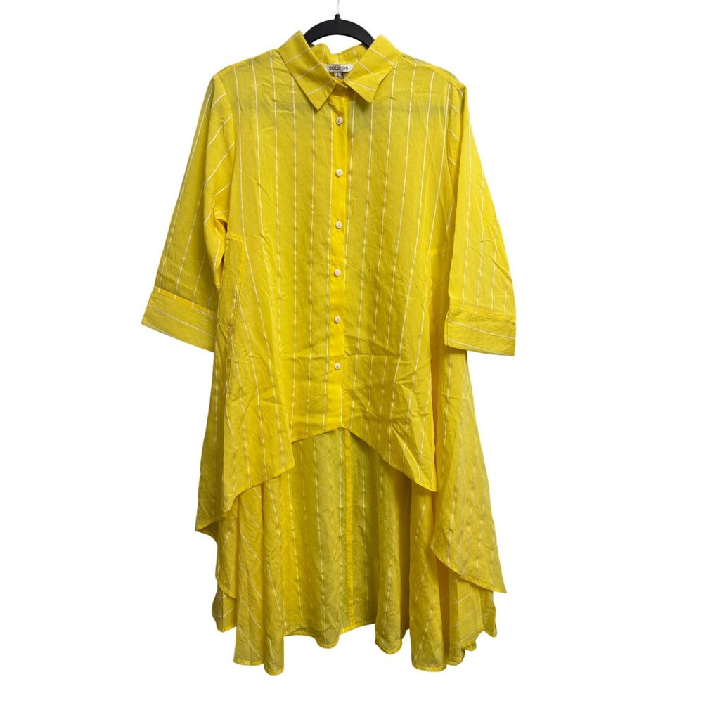 Solution Yellow White Striped High Low Button Down Tunic Top Large Pinstripe